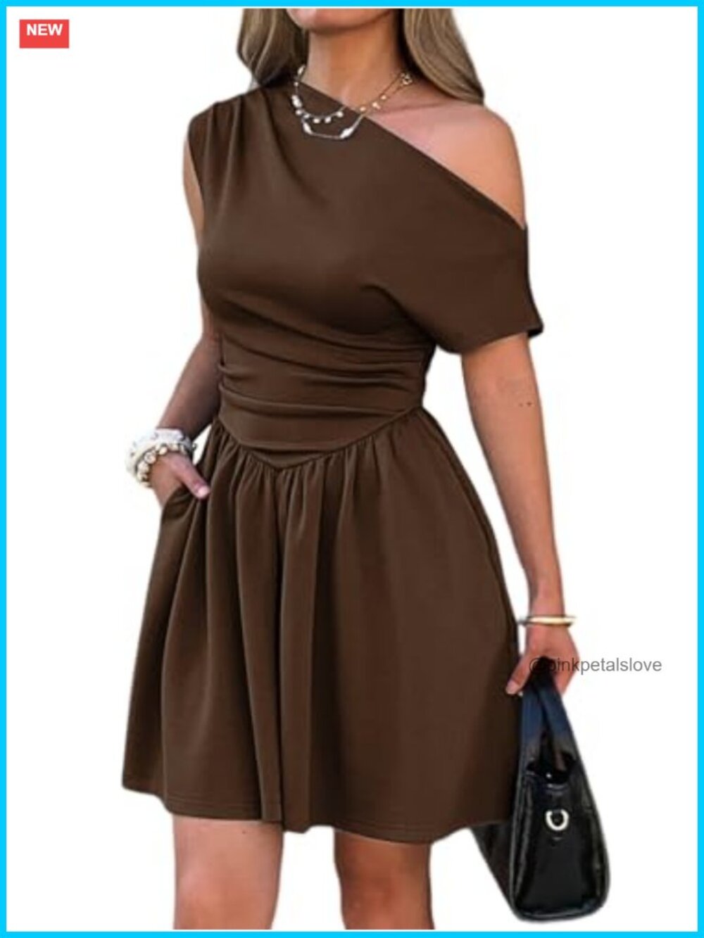 One Shoulder Ruched Drop Waist Mini Dress Pockets Fit Flare Semi Formal